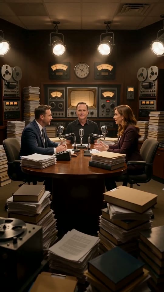 Chuck buried in paperwork in a boardroom